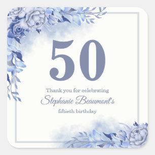Elegant Blue Roses Floral Women's 50th Birthday  Square Sticker