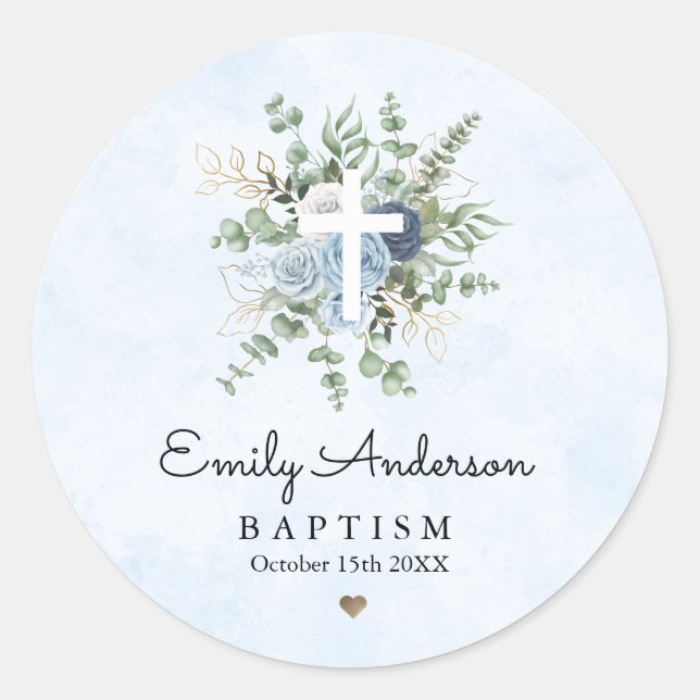Elegant Blue Roses Greenery Baptism Christening  Classic Round Sticker (Front)