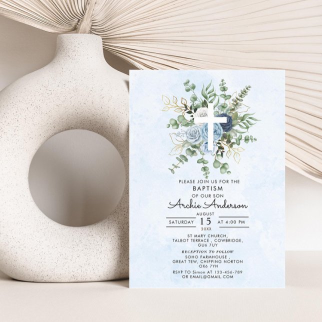 Elegant Blue Roses Greenery Baptism Christening  Invitation (Creator Uploaded)