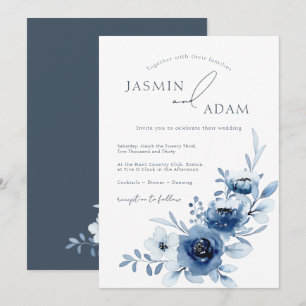 Elegant Blue Roses Monogram Wedding Invitation