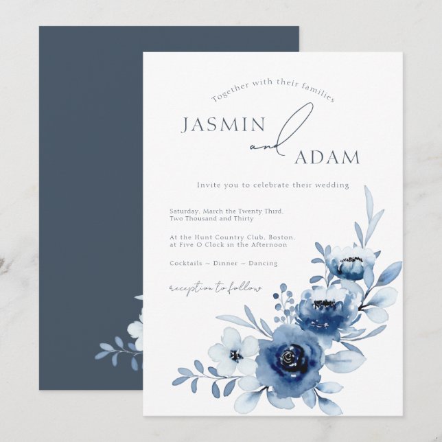 Elegant Blue Roses Monogram Wedding Invitation (Front/Back)