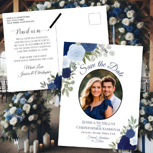 Elegant Blue Roses & Photo Wedding Save the Date Announcement Postcard