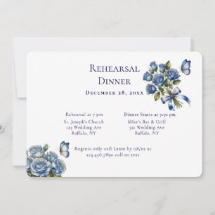 Elegant Blue Roses Silver Rehearsal Dinner Invitation