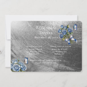 Elegant Blue Roses Silver Rehearsal Dinner Invitation