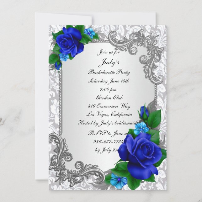 Elegant Blue Roses Wedding Bachelorette Party Invitation (Front)