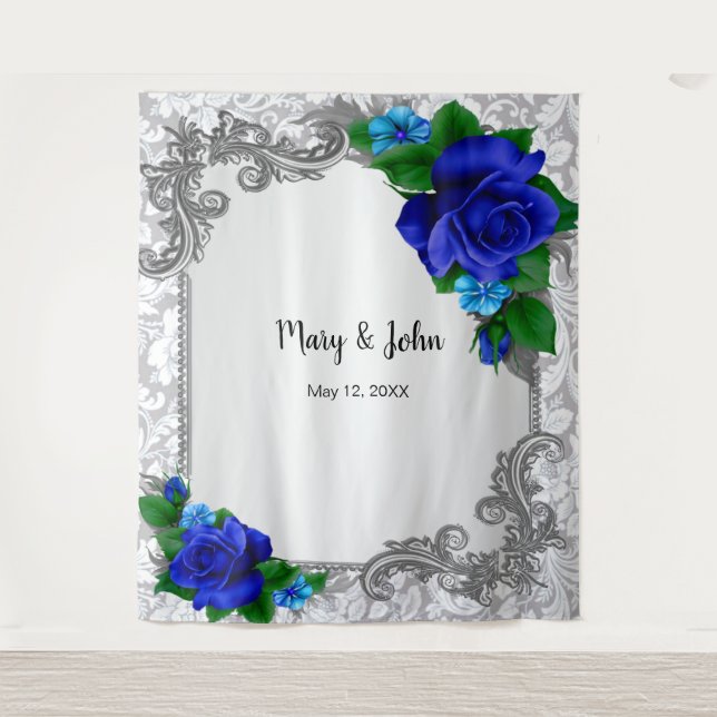 Elegant Blue Roses Wedding Photo Backdrop Tapestry (Front)
