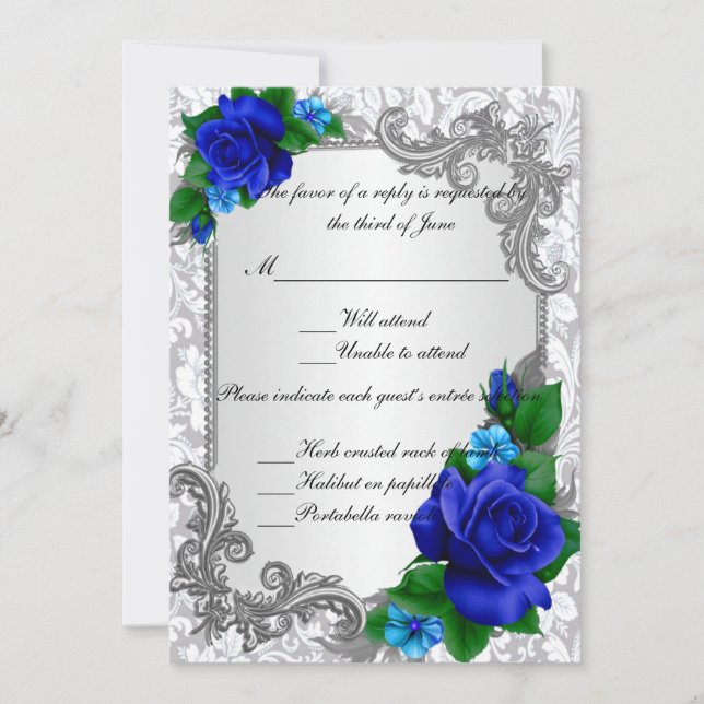 Elegant Blue Roses Wedding Response Card (Front)