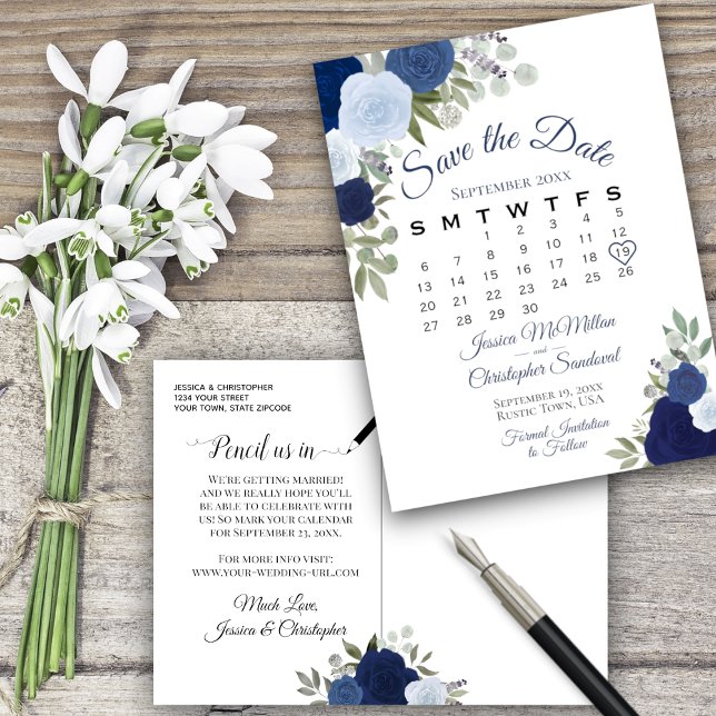 Elegant Blue Roses Wedding Save the Date Calendar Announcement Postcard (Creator Uploaded)