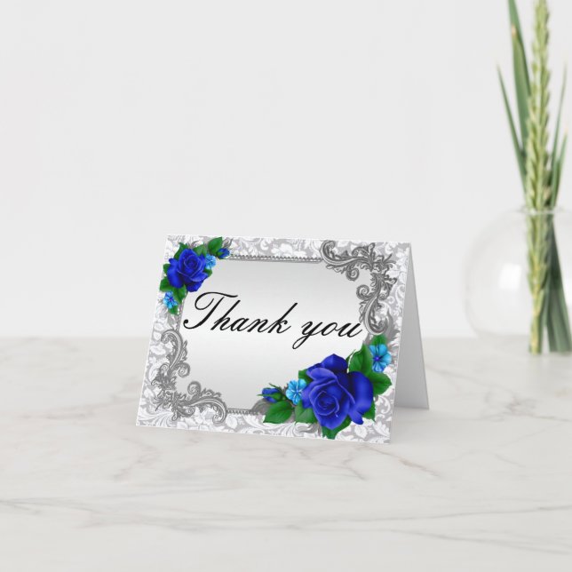 Elegant Blue Roses Wedding Thank You Card (Front)