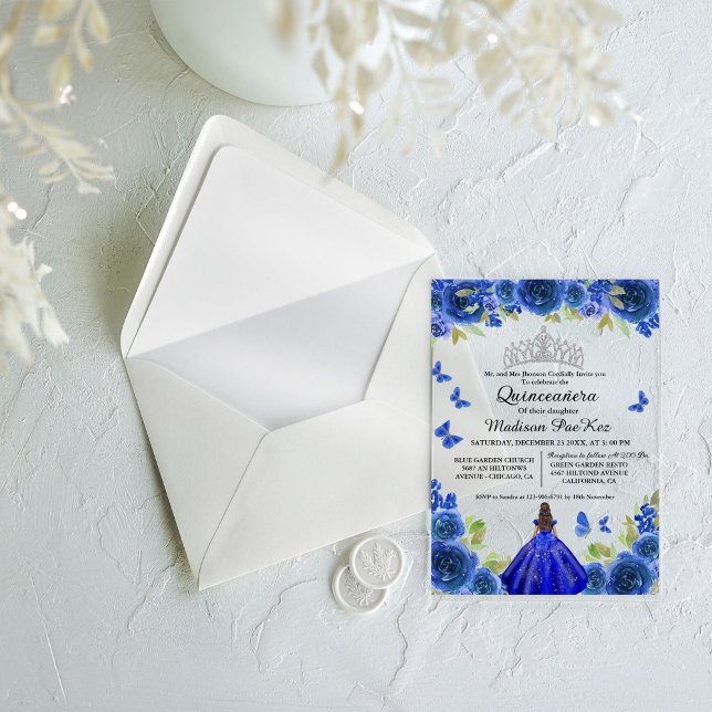 Elegant Blue Royal Floral Butterfly  Quinceanera Acrylic Invitations (Creator Uploaded)