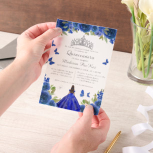 Elegant Blue Royal Floral Butterfly Quinceanera Vellum Invitations