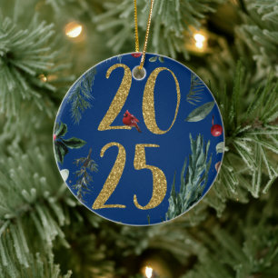 Elegant Blue Rustic 2025 New Years Holiday Card Ceramic Tree Decoration