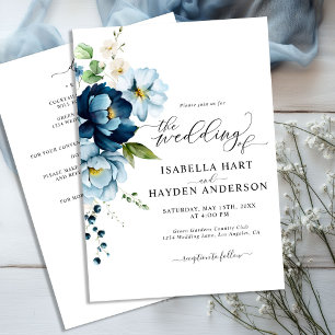 Elegant Blue Rustic Beige All In 1 QR Code Wedding Invitation
