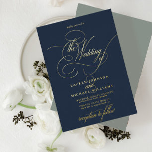 Elegant Blue Sage Gold Modern Calligraphy Wedding