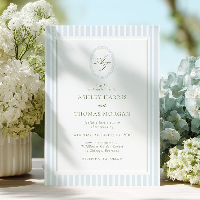 Elegant Blue & Sage Monogram Wedding Invitation (Creator Uploaded)