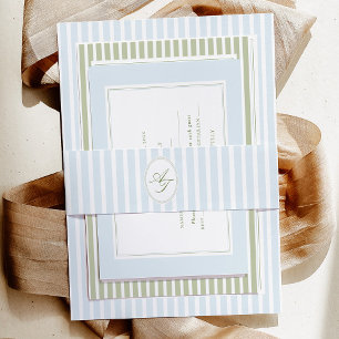 Elegant Blue & Sage Striped  Invitation Belly Band