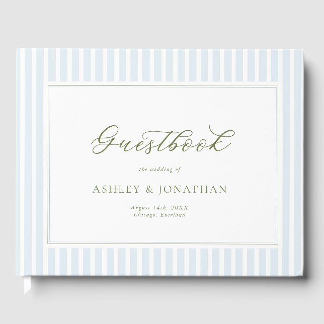 Elegant Blue & Sage Striped Wedding Invitation Guest Book (Front)
