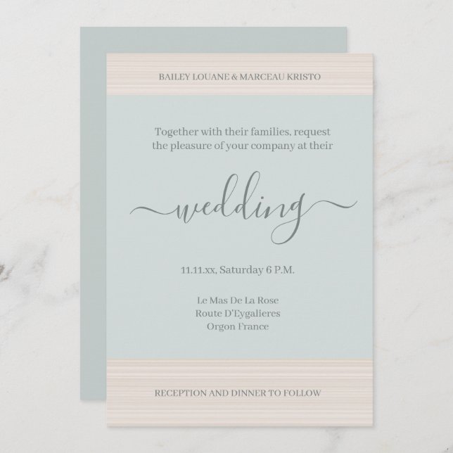 Elegant Blue Sage Wood Grain Stripes Chic Wedding Invitation (Front/Back)
