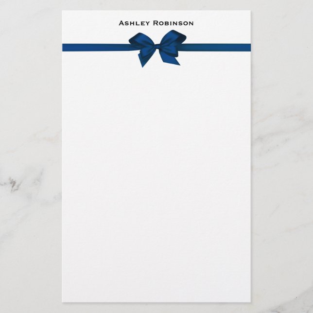 Elegant Blue Satin Bow on White Stationery (Front)