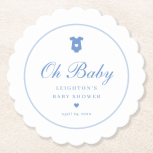 Elegant Blue Script Boys Oh Baby Shower Paper Coaster