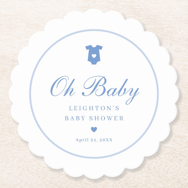 Elegant Blue Script Boys Oh Baby Shower  Paper Coaster (Front)