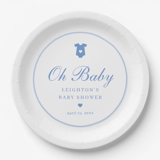 Elegant Blue Script Boys Oh Baby Shower  Paper Plate (Front)