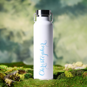 Elegant Blue Script Custom Name Monogrammed White Water Bottle