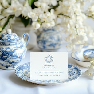 Elegant Blue Script Floral Crest Wedding RSVP Card
