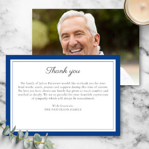 Elegant Blue Script Funeral Photo Thank You Card