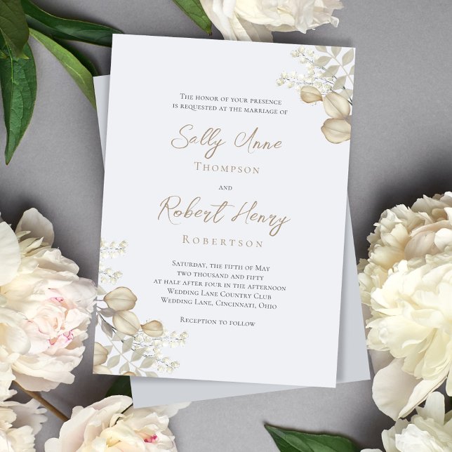 Elegant Blue Script Greenery Wedding Invitation (Elegant light blue and sage green leaves wedding invitation.)