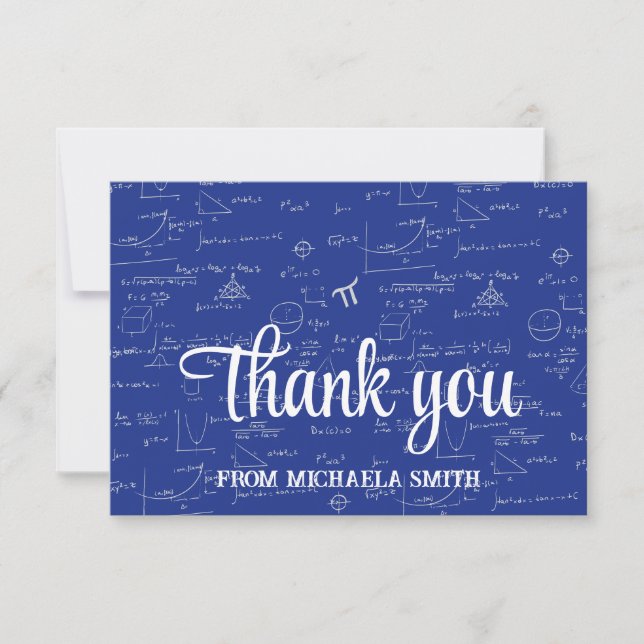 Elegant Blue Script Mathematics Formulas Graduate Thank You Card (Front)