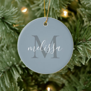 Elegant Blue Script Monogram Name Christmas Ceramic Tree Decoration