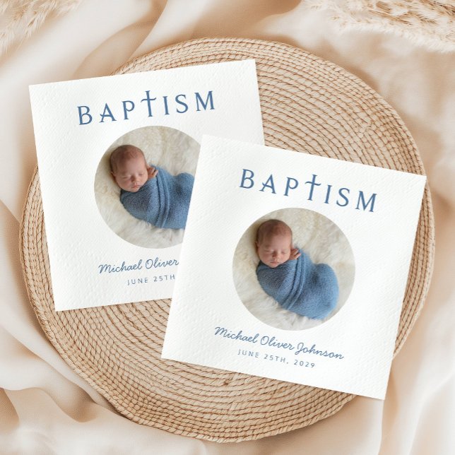 Elegant Blue Script Photo Baptism Napkin (Elegant Blue Script Photo Baptism Napkins)