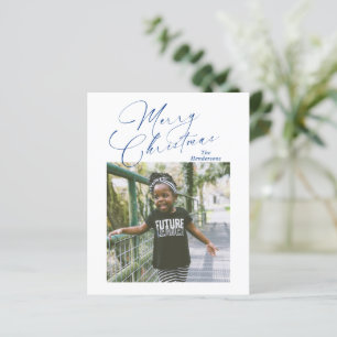Elegant Blue Script Photo Budget Christmas Card