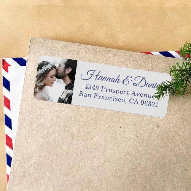 Elegant Blue Script Photo Wedding Return Address (Creator Uploaded)