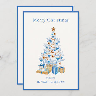Elegant Blue Script Watercolor Christmas Tree Holiday Card