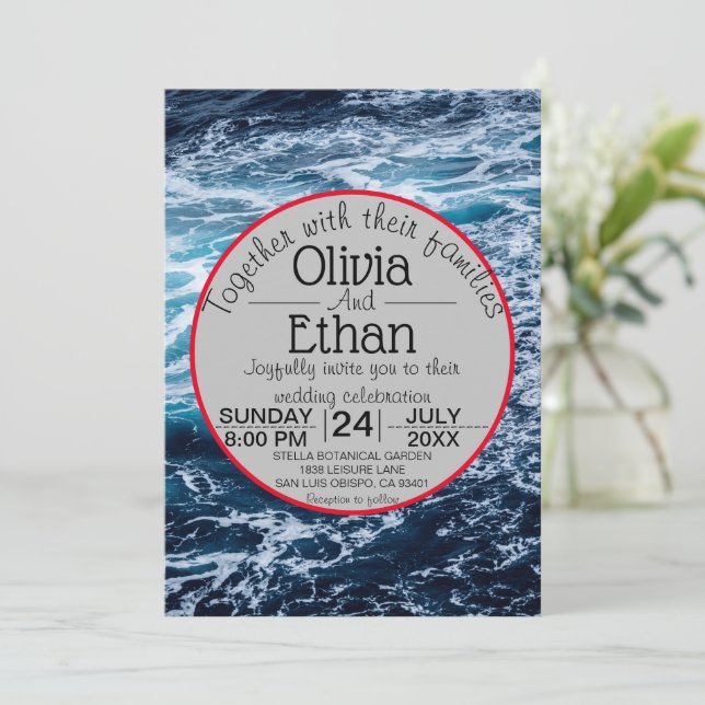 Elegant Blue Sea Waves Summer Beach Wedding Invitation (Standing Front)