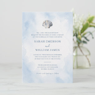 Elegant Blue Seashell Beach Wedding Invitation