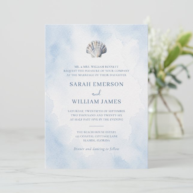 Elegant Blue Seashell Beach Wedding Invitation (Standing Front)