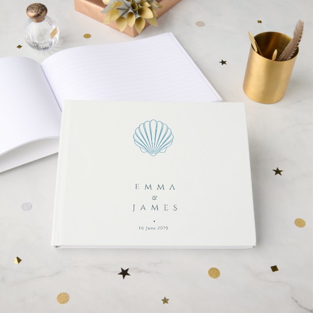 Elegant Blue Seashell Wedding Guest Book (Front Open)