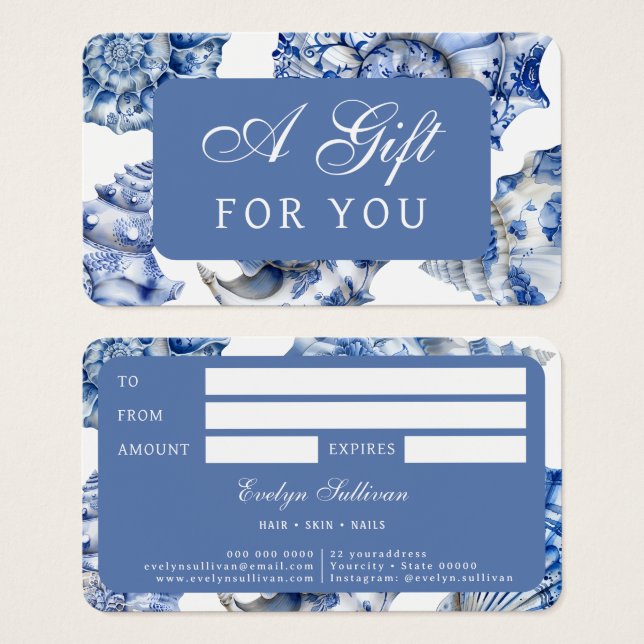 Elegant blue seashells gift card (Front & Back)