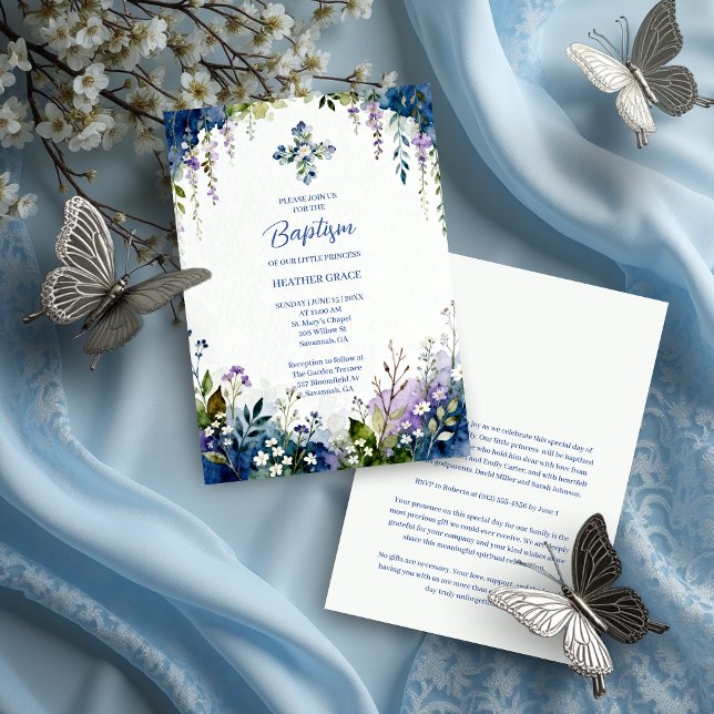 Elegant Blue Shades Floral Frame Arch Baptisme Invitation (Elegant Digital Watercolor Blue Shades Floral Frame Arch Shape Baptism Invitation Cards. )