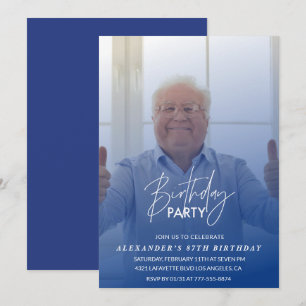 Elegant Blue Shadow Photo Men 87th birthday party Invitation