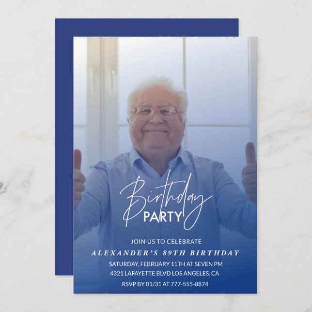 Elegant Blue Shadow Photo Men 89th birthday party Invitation (Front/Back)