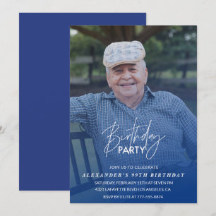 Elegant Blue Shadow Photo Men 99th birthday party Invitation