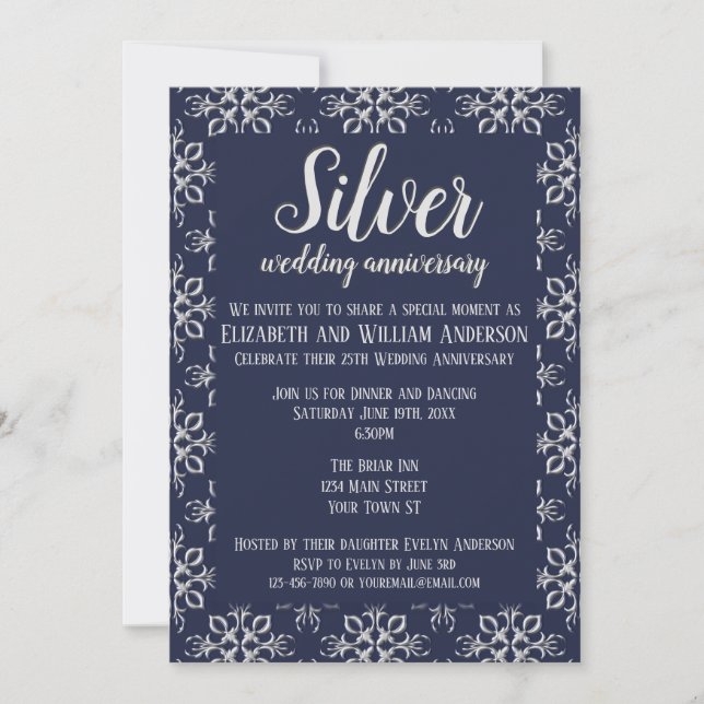 Elegant Blue Silver 25th Anniversary Invitation (Front)
