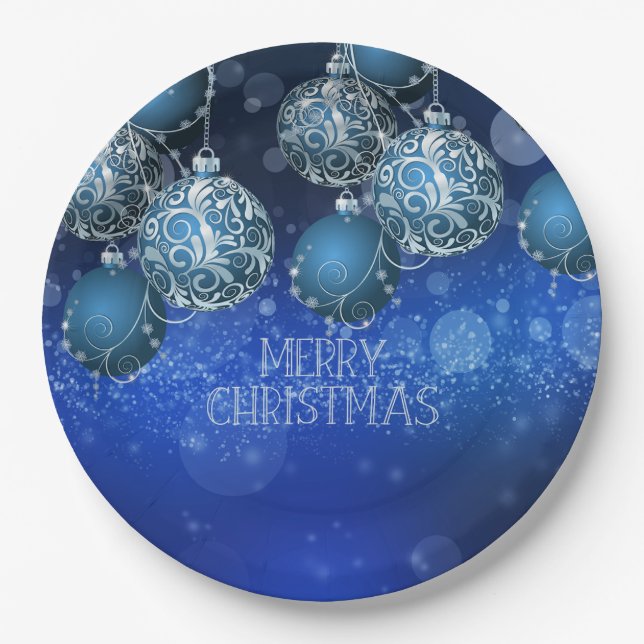 Elegant Blue & Silver Baubles Christmas Paper Plate (Front)