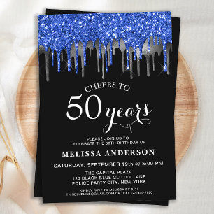 Elegant Blue Silver Black Glitter Drip 50 Birthday Invitation