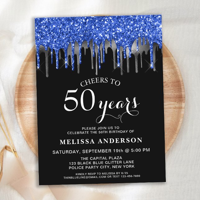 Elegant Blue Silver Black Glitter Drip 50 Birthday Invitation Postcard (Creator Uploaded)