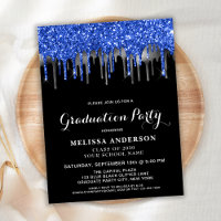 Elegant Blue Silver Black Glitter Drips Graduation